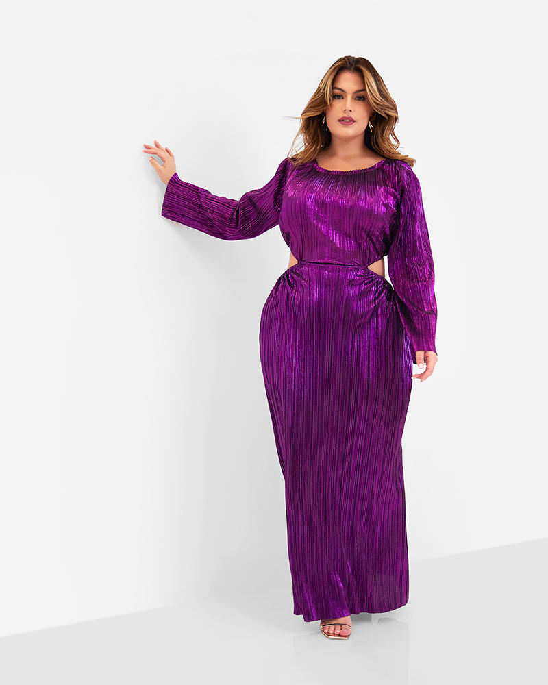 Front of a model wearing a size 5X Octavia Metallic Plisse Open Back Maxi Shift Dress - Eggplant in purple by Rebdolls. | dia_product_style_image_id:325030